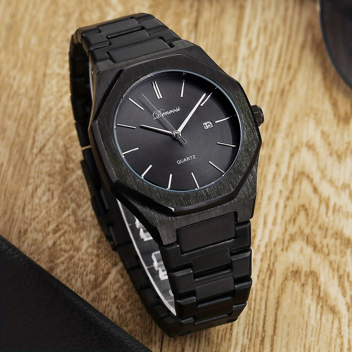 Men's Black Quartz Watch With Calendar Function Positive Octagon Dial,  Ideal choice for Gifts