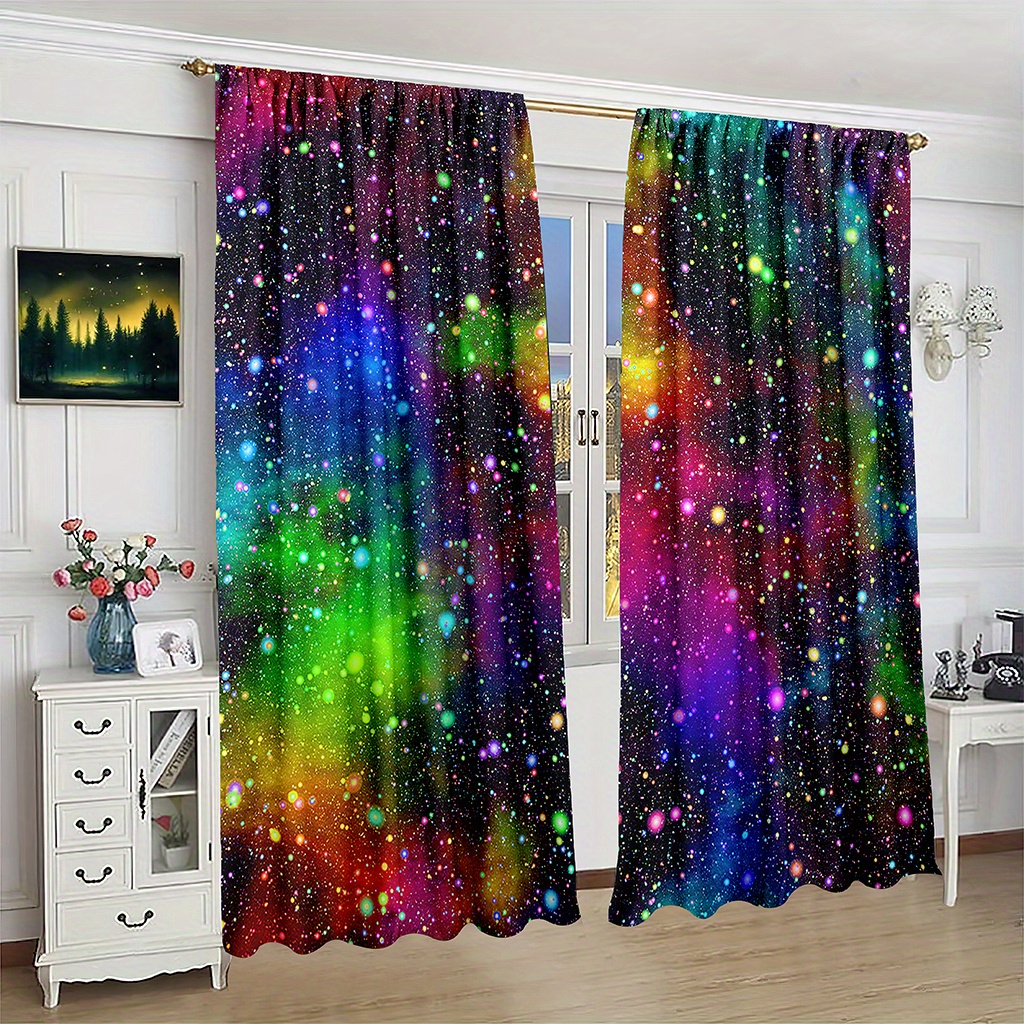 Image of 2pcs Curtains - Colorful Starry Sky Nebula Print Semi-sheer Rod Pocket Window Drapes, 100% Polyester Machine Washable For Bedroom & Living Room, Outer Space Theme S Room Decor, Curtains For Bedroom