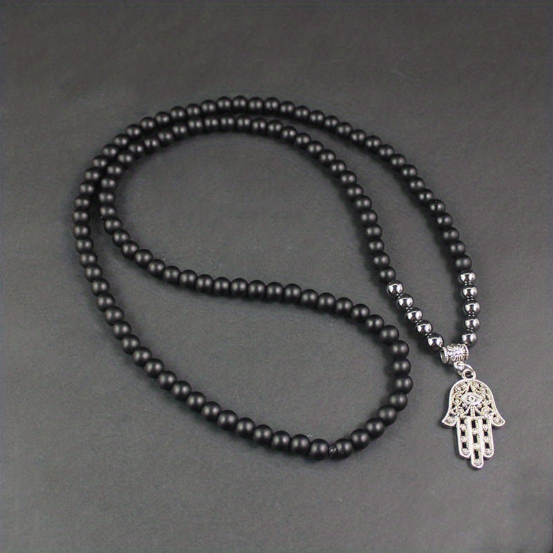 Matte Black Beaded Alloy Palm Pendant Men's Necklace