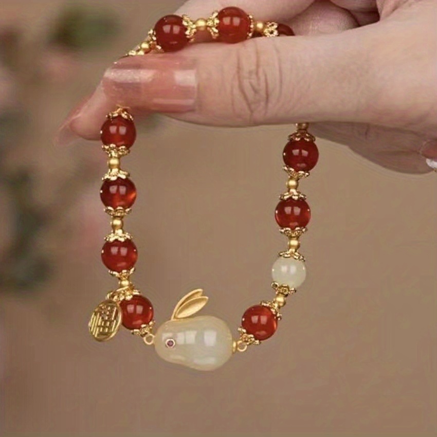 new jade rabbit bracelet female niche design rabbit jade red agate elastic rope hand beaded mother birthday gift christmas halloween thanksgiving gifts easter gift details 1