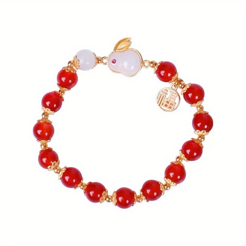new jade rabbit bracelet female niche design rabbit jade red agate elastic rope hand beaded mother birthday gift christmas halloween thanksgiving gifts easter gift details 3