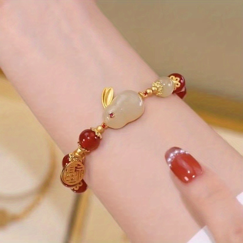 new jade rabbit bracelet female niche design rabbit jade red agate elastic rope hand beaded mother birthday gift christmas halloween thanksgiving gifts easter gift details 2