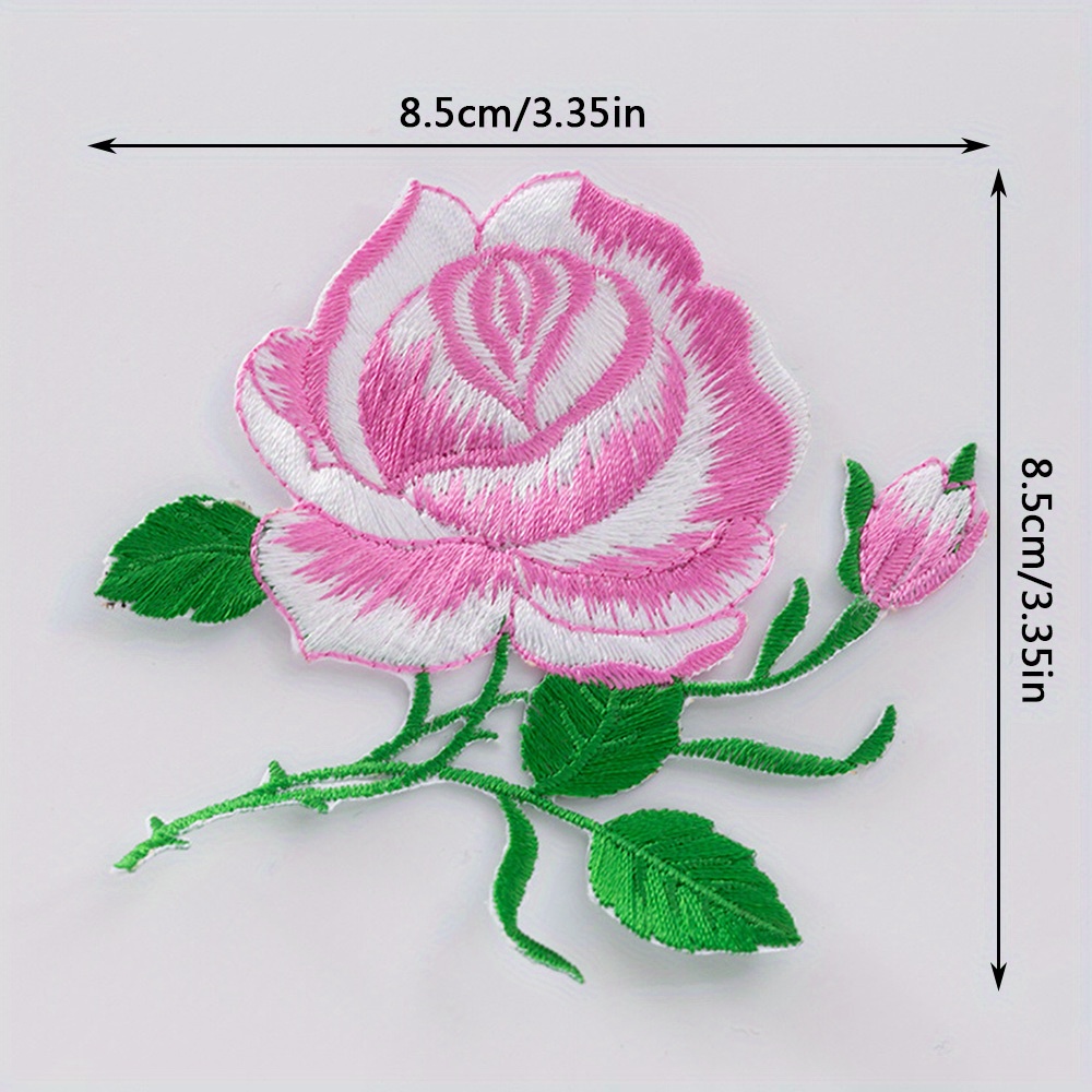 Pink Rose Flower w/Green Leaves Embroidery Iron On Applique Patch