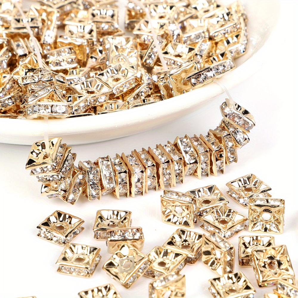 50pcs Square Metal Rhinestone Crystal Rondelle Beads Gold Silver Color 6  8mm Loose Spacer Beads for Jewelry Bracelet Making