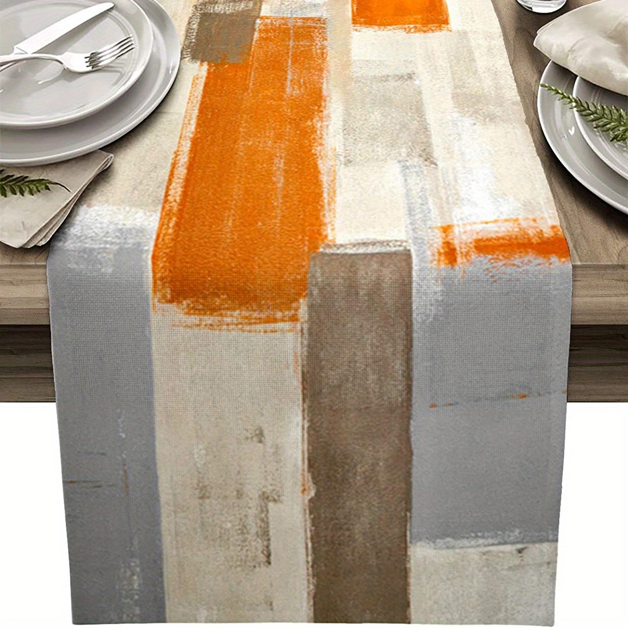 TEMU 1pc, Orange And Gray Abstract Modern Art Table Runners Dinner Table Setting Dresser Scarves Farmhouse Style For Party Holidays Home Kitchen