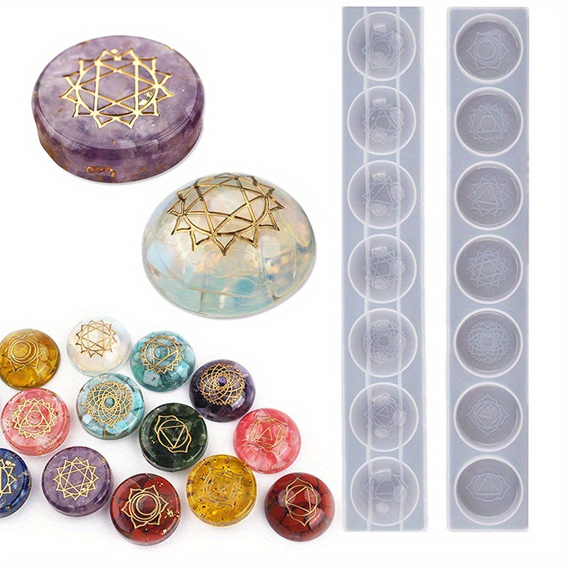 Image of 2pcs 7 Chakra Stones Resin Molds Silicone Round Reiki Resin With Engraved Chakra Symbols Epoxy Resin Casting Mould Diy Crafts Jewelry Pendant Keychain Home Decor Ornament