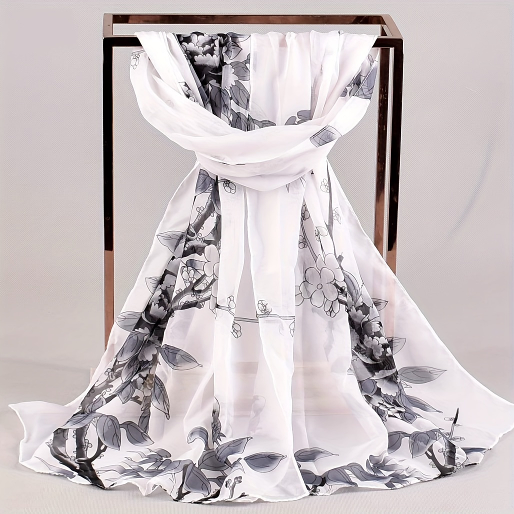 Branch Bird Print Chiffon Scarf Vintage Thin Shawl