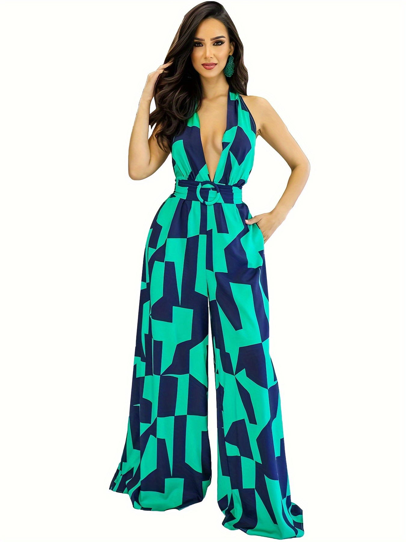 Color Block Wide Leg Halter Jumpsuit Sexy Backless Plunging V Neck Jumpsuit Womens Clothing 