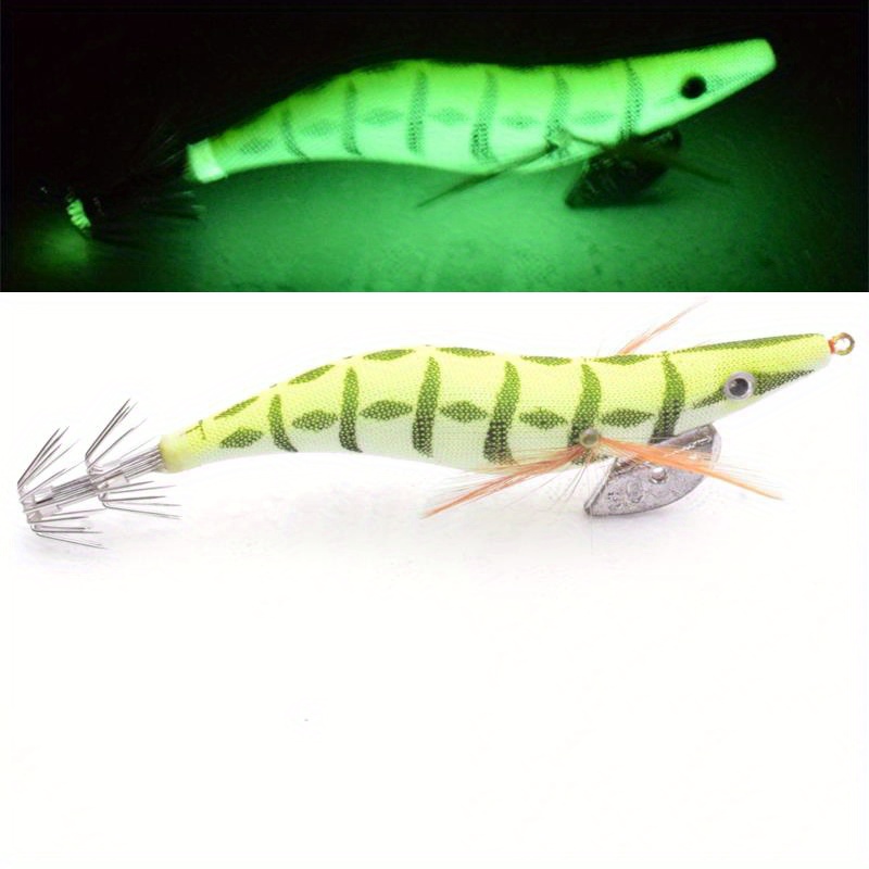 1pc Wooden Shrimp & Squid Fishing Hook With Luminous Soft Legs And Beads  For Catching Lobster