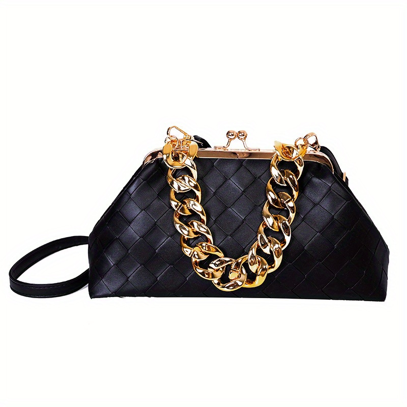 Leather Cross Woven Clutch Bag with Gold Chain