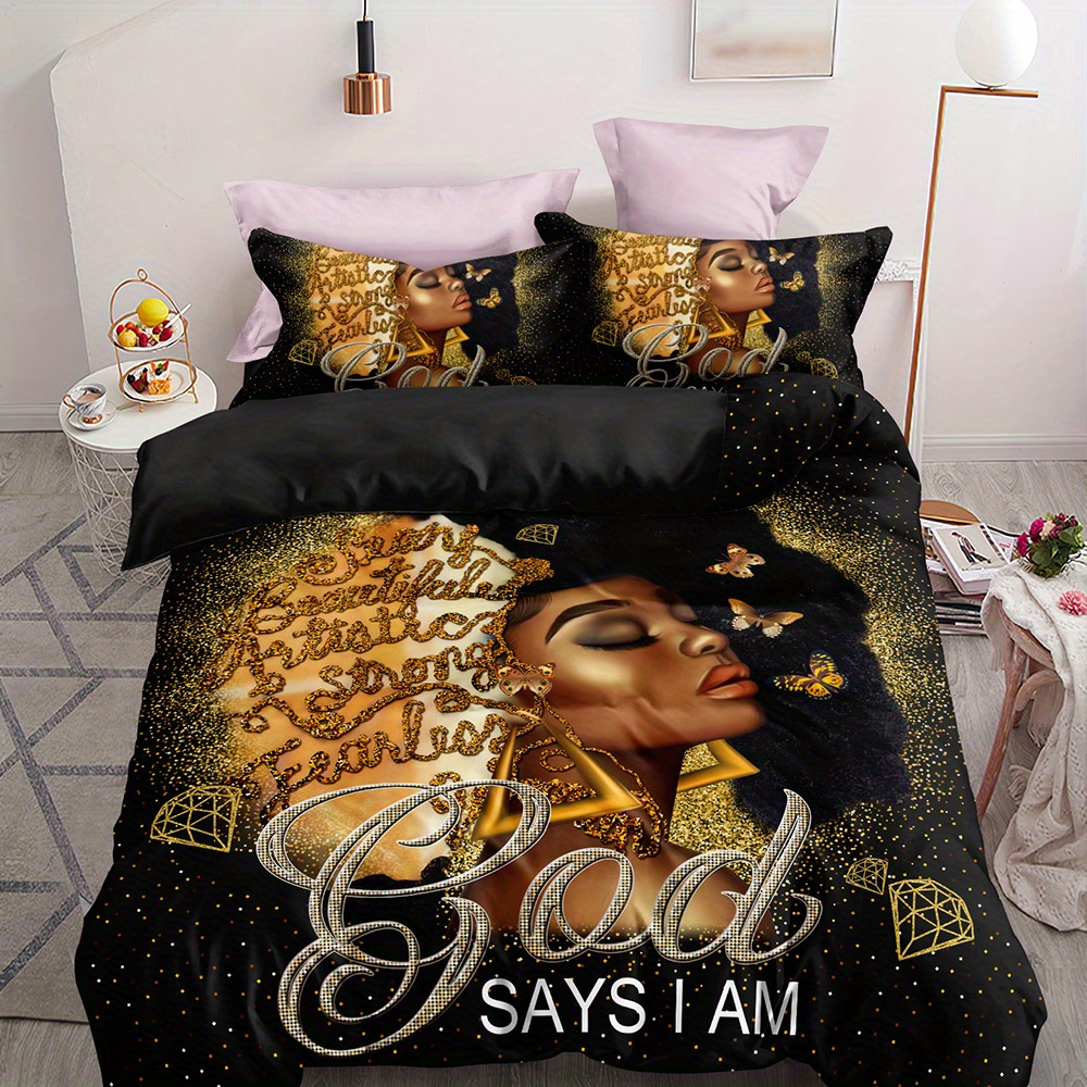 African Snapchat Black Girl Teddy Bear Custom Name Duvet Cover Bedding Set