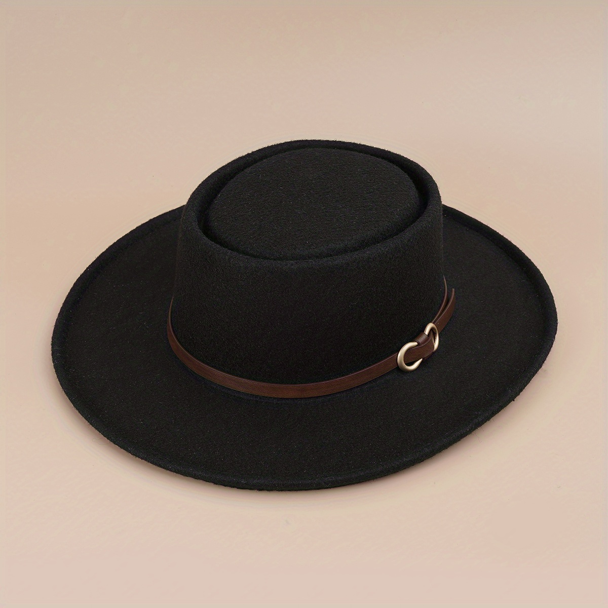 Buckle Flat Top Hat Wide Brim Sunshade Woolen Jazz Hat