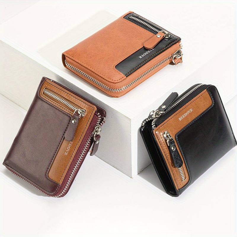 Men Wallet Genuine Leather Short Wallet Rfid Zipper Vertical Wallet