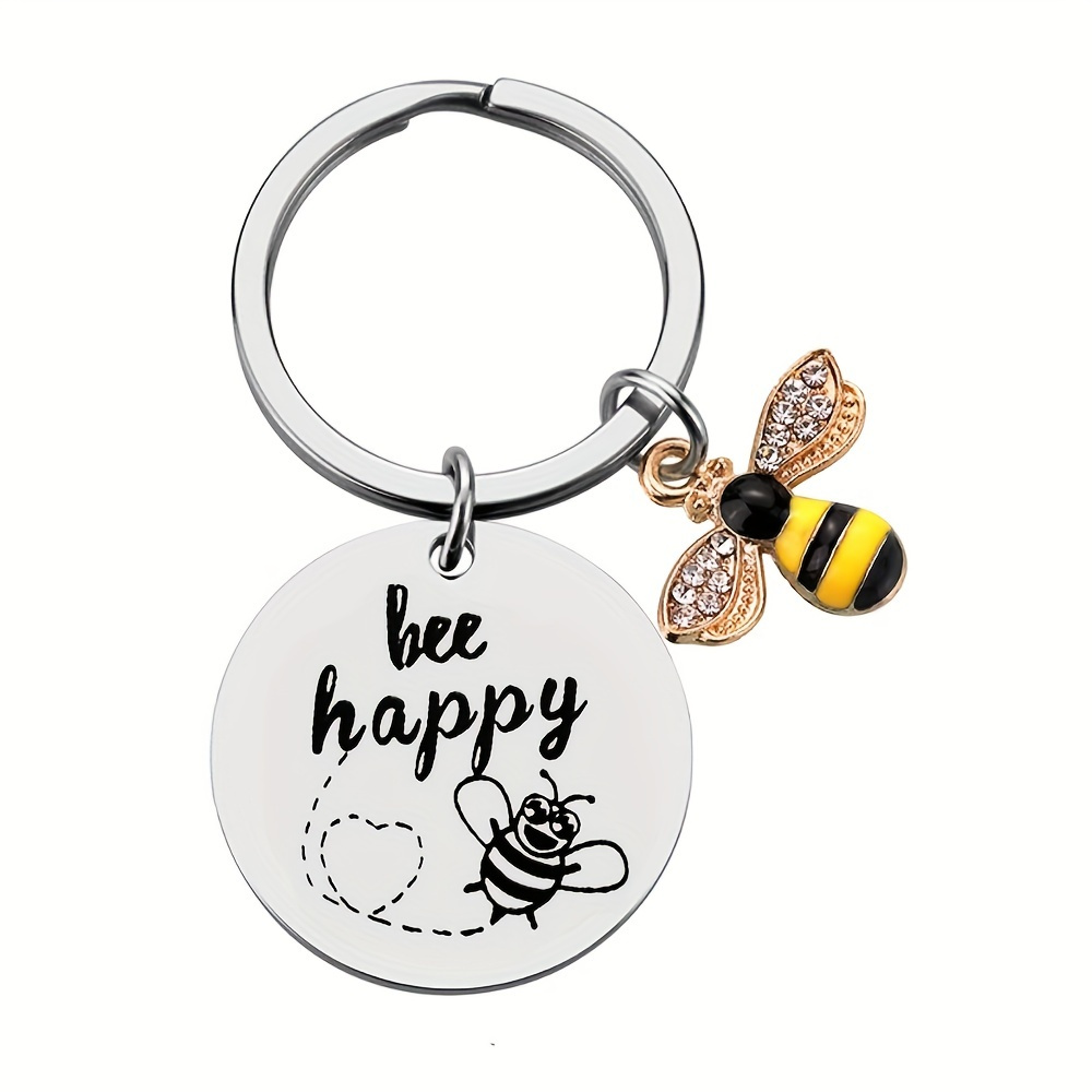 

Bee Happy Keychain Funny Animal Inspirational Key Ring Purse Bag Backpack Car Key Charm Friends Christmas Graduation Day Gift