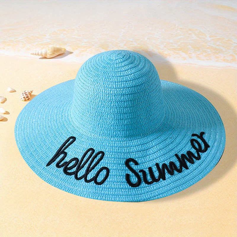 Hello Summer Embroidery Sun Hat Wide Brim Elegant Floppy Sunscreen Straw  Hat Casual Travel Beach Hats