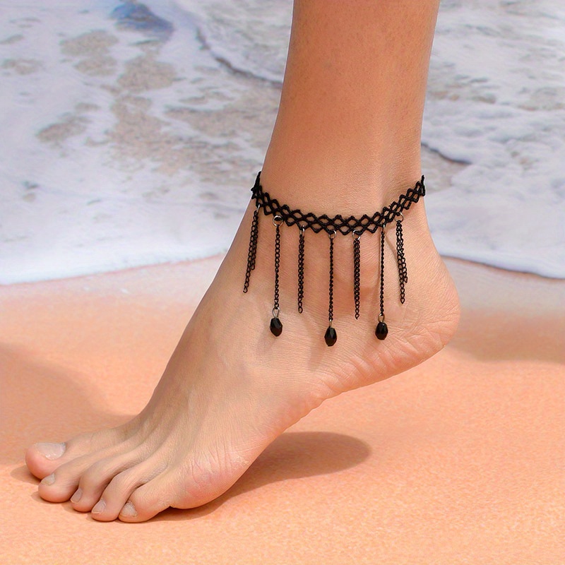 Lace Tassel Crystal Anklet Punk Style Ankle Bracelet For Women Hip Hop Style