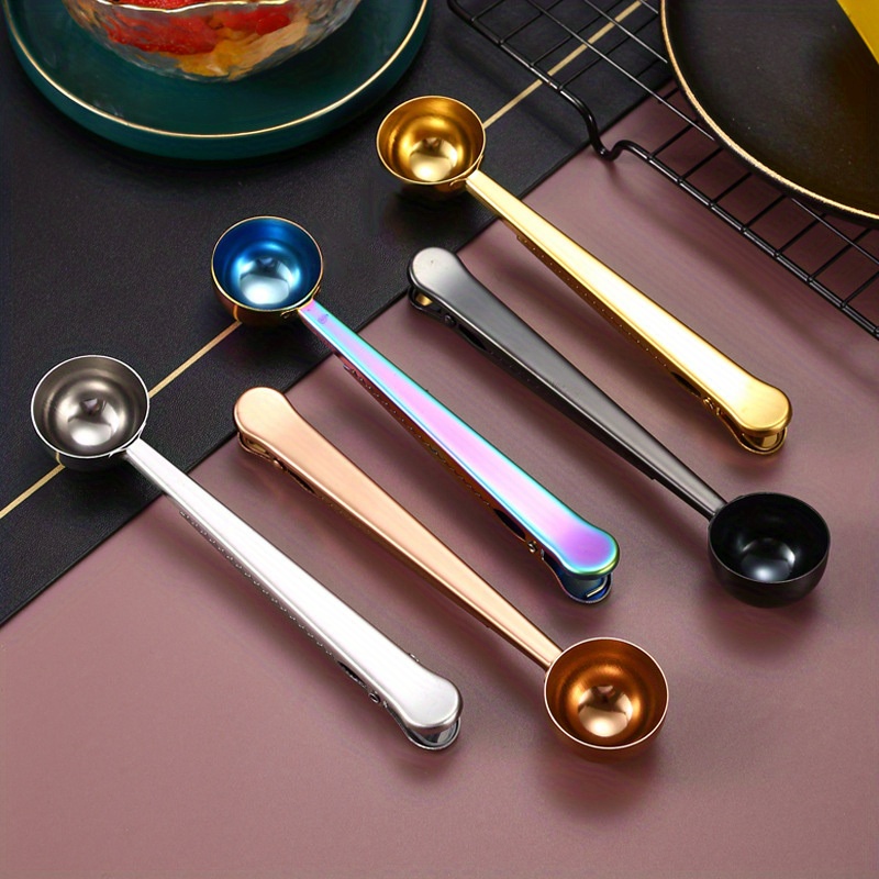 1pc coffee scoops with bag clip 2 in 1 stainless steel measuring spoon sealing clamps multifunctional milk powder scoop with sealing clip kitchen accessories details 1