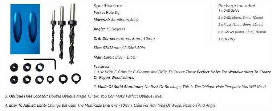 Walmeck 15pcs Pocket Hole Jig Kit 8mm 10mm 15 Degree Angle Drill