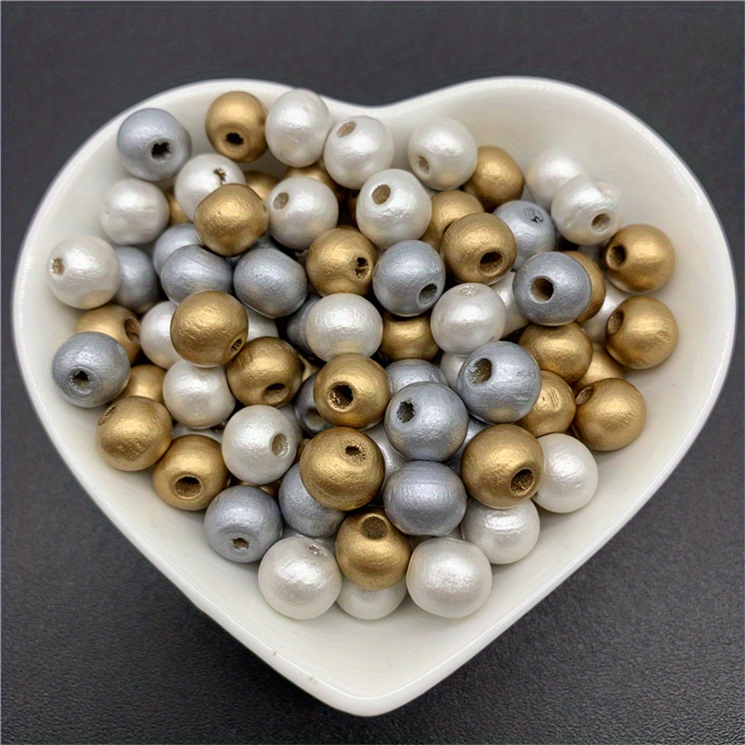 Wood Beads Golden Silvery White Wooden Beads Round Loose - Temu