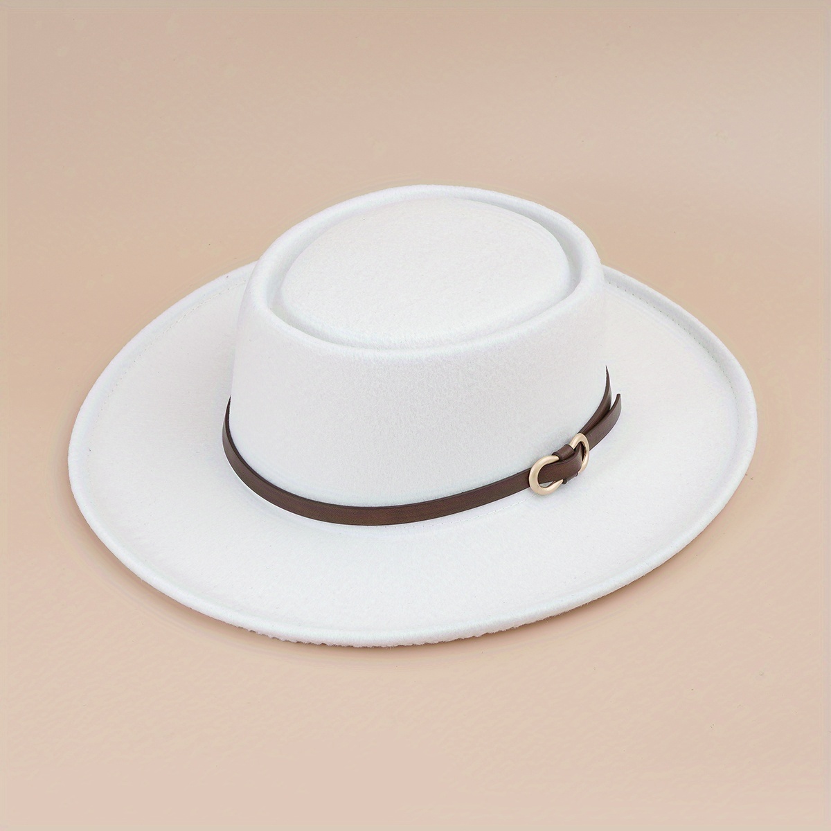 Buckle Flat Top Hat Wide Brim Sunshade Woolen Jazz Hat