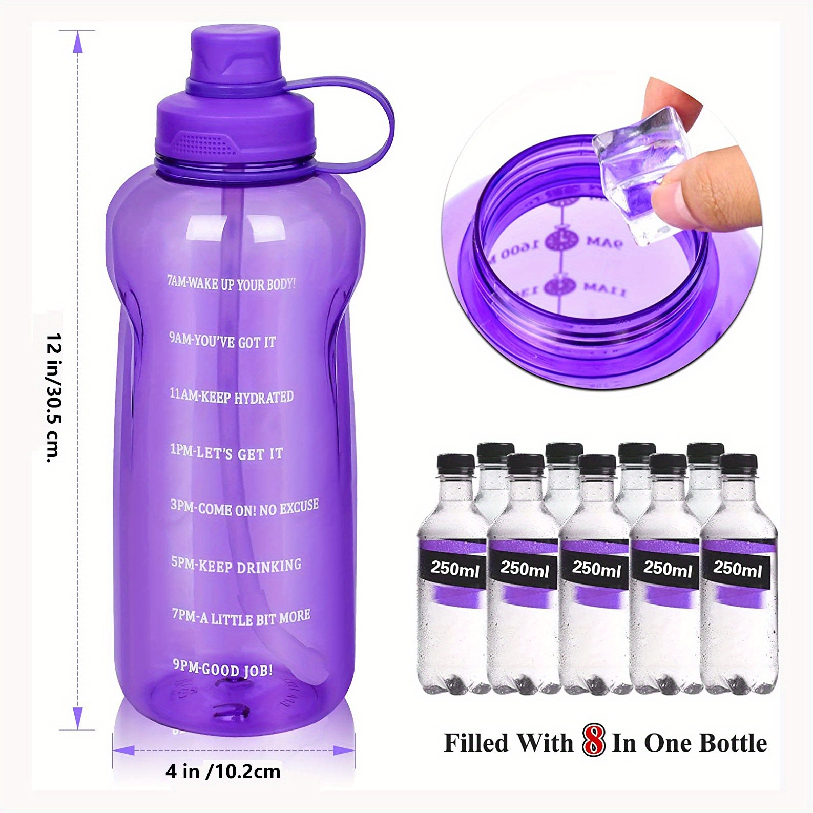 Large Motivational 64 Oz Water Bottle Straw Time Marker Marked Half