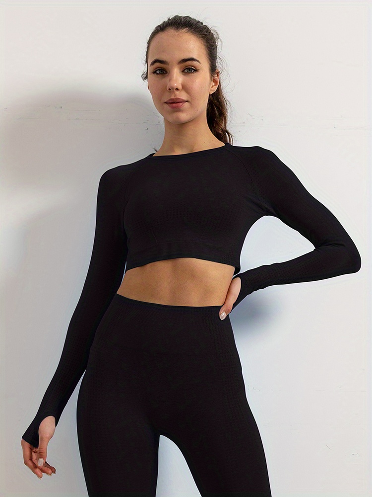 2 Piece Workout Sets for Women Round Neck Long Sleeve Crop Tops