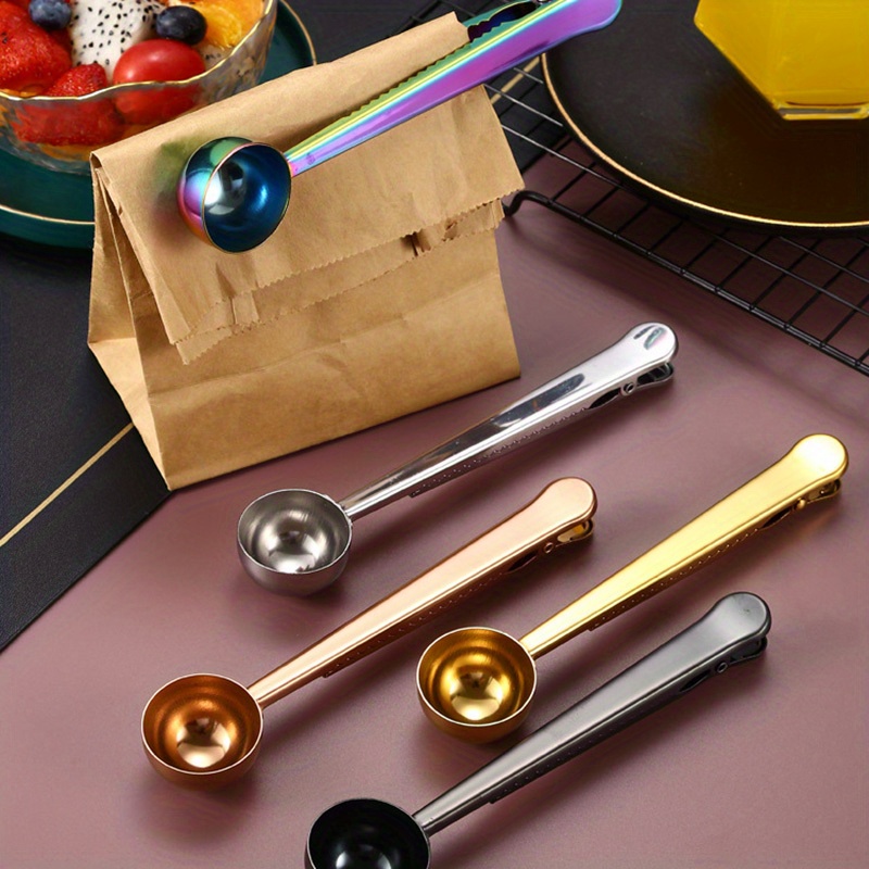 1pc coffee scoops with bag clip 2 in 1 stainless steel measuring spoon sealing clamps multifunctional milk powder scoop with sealing clip kitchen accessories details 4