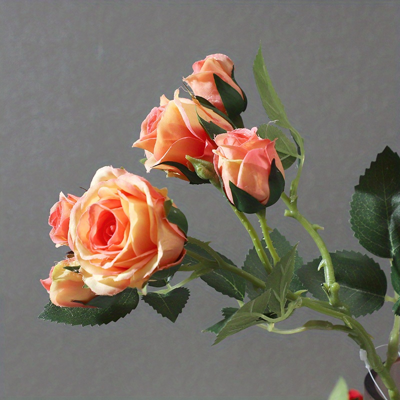 6 Head Orange Rose Artificial Flowers Silk High Quality for Wedding