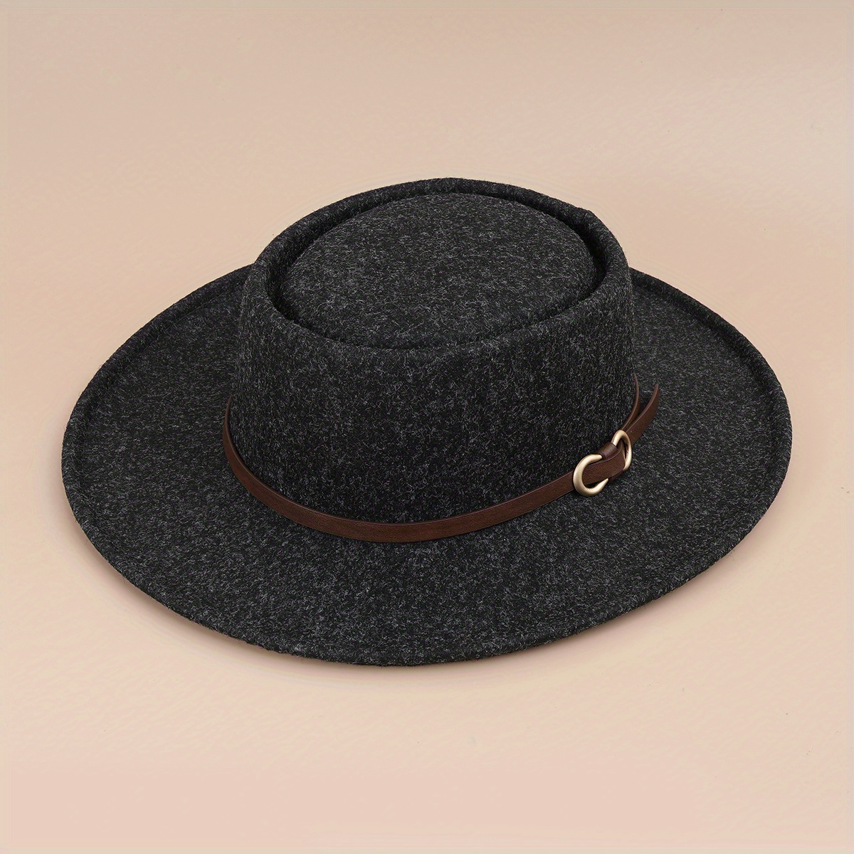 Buckle Flat Top Hat Wide Brim Sunshade Woolen Jazz Hat
