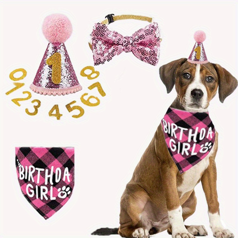 4pcs Pet Festival Outfit - Adjustable Birthday Hat For Dogs, Bow Tie, Bandana, And Cake Additions
