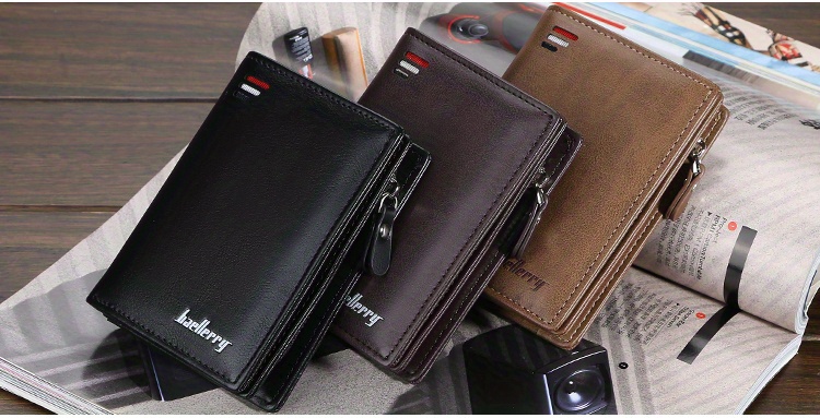 Baellerry, Billetera corta retro de negocios para hombres, con múltiples ranuras para tarjetas, cierre de cremallera y hebilla de cuero PU, Ideal para tarjetas bancarias, sólido en color oscuro para un toque de estilo y funcionalidad