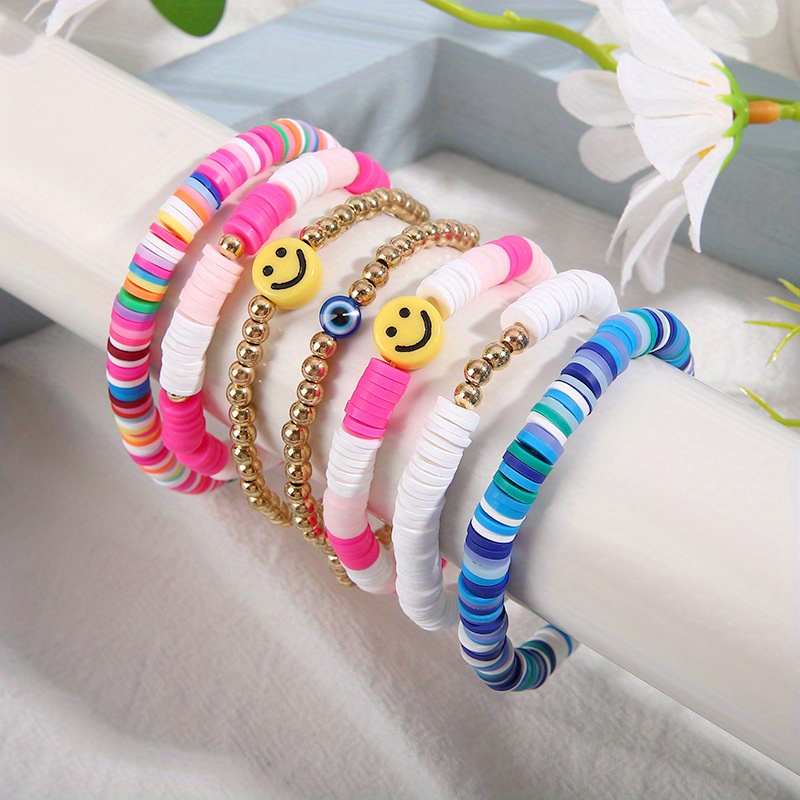 Heishi Surfer Bracelets Set Colorful Preppy Happy Smile Evil - Temu