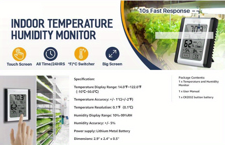 High Precision Digital Hygrometer, Indoor Thermometer, Humidity Monitor  Gauge, Indicator Accurate Temperature Meter With Touchscreen Min/max  Records, For Home, Office, Car, Greenhouse (batteries Are Not Included) -  Temu