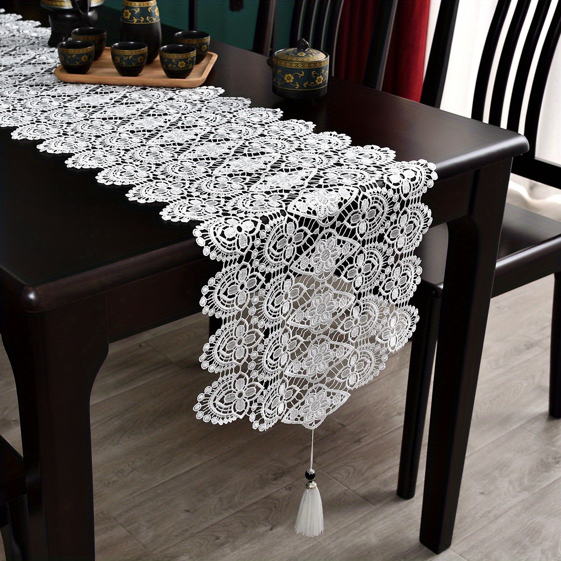 Chemin de Table en macramé, Chemin de Table à Manger 30x180 cm Coton  Naturel et Lin, décor de Table à Pompons en Dentelle au Crochet bohème