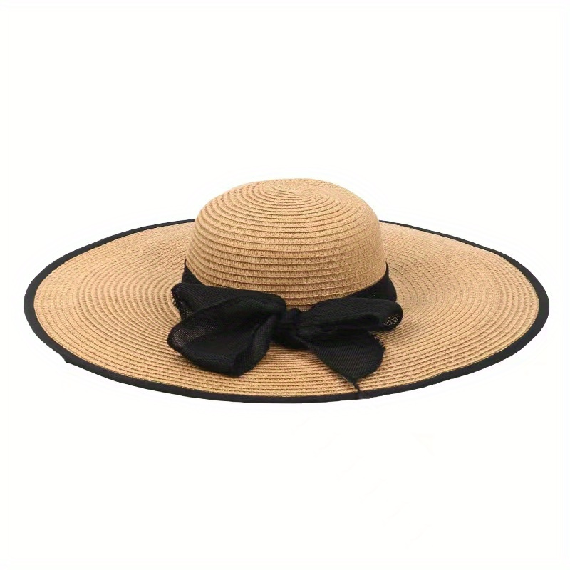 Women's Wide Brim Bow Tie Decor Straw Hat, Summer Sun Protection Foldable Floppy Hat for Women,Temu