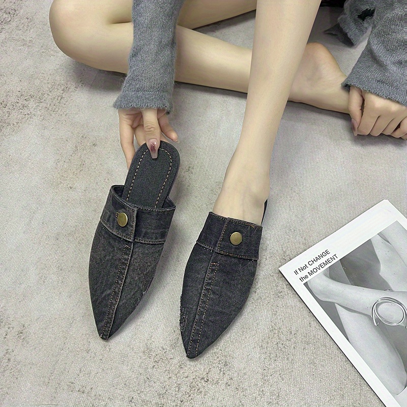 Women's Denim Flat Mules Fashion Pointed Toe Slip Non Slip - Temu