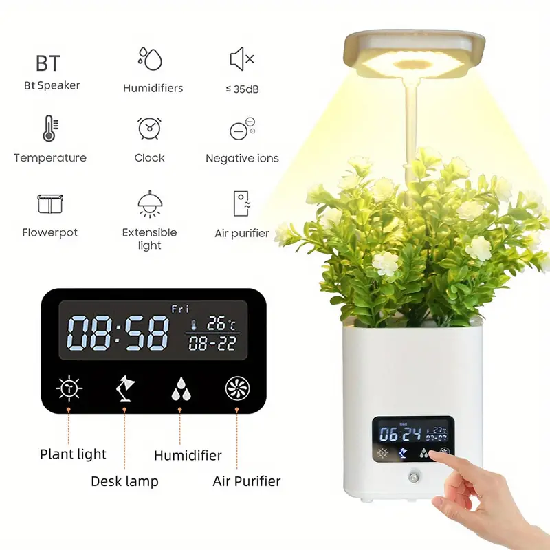 1pc 7 in 1 air purifier aroma humidifier with bt speaker smart flower pot table lamp alarm clock thermometer and clock multifunctional humidifier household ornament details 1