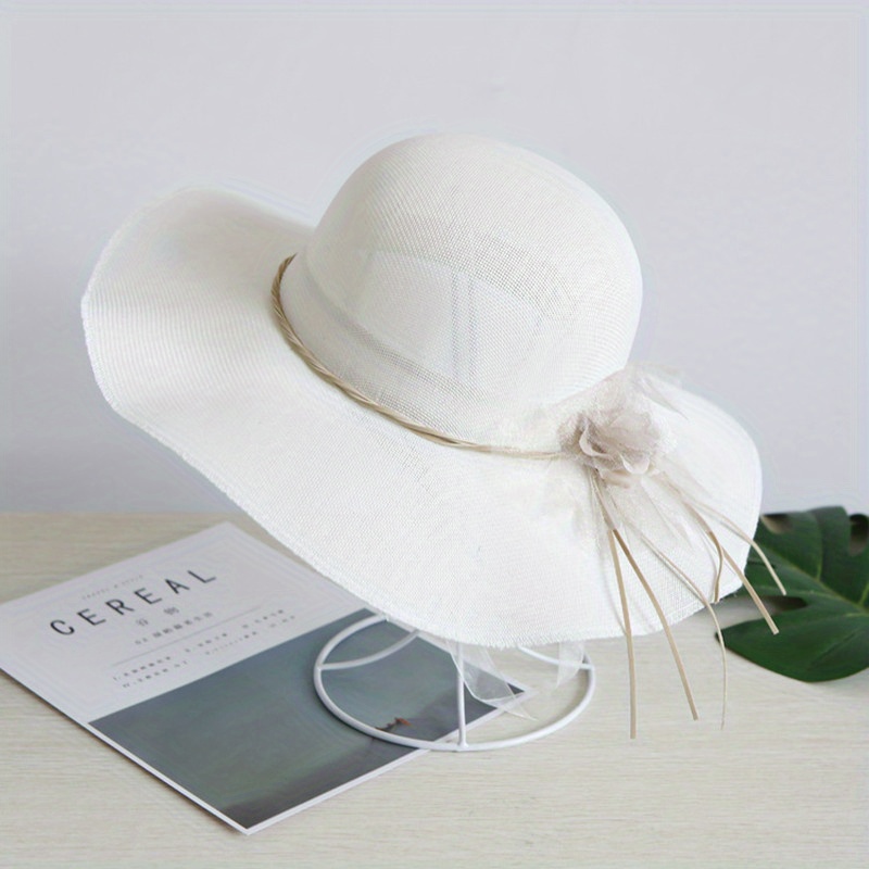 Wide Brim Beach Hat Lace Flower Rope Knot Sun Hat Solid Sunscreen Bucket Hat