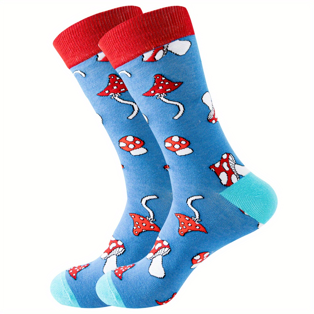 1 Pair Men's Blue Mushroom Pattern Mid-calf Socks