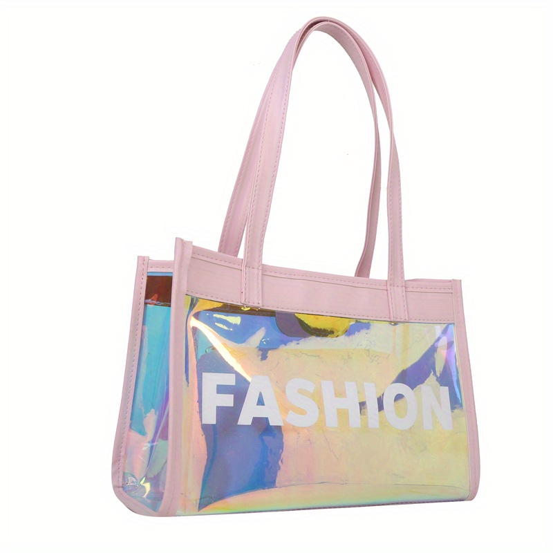 Clear Bag, Pink Tote Bag Letter Pattern Double Handle With Inner Pouch