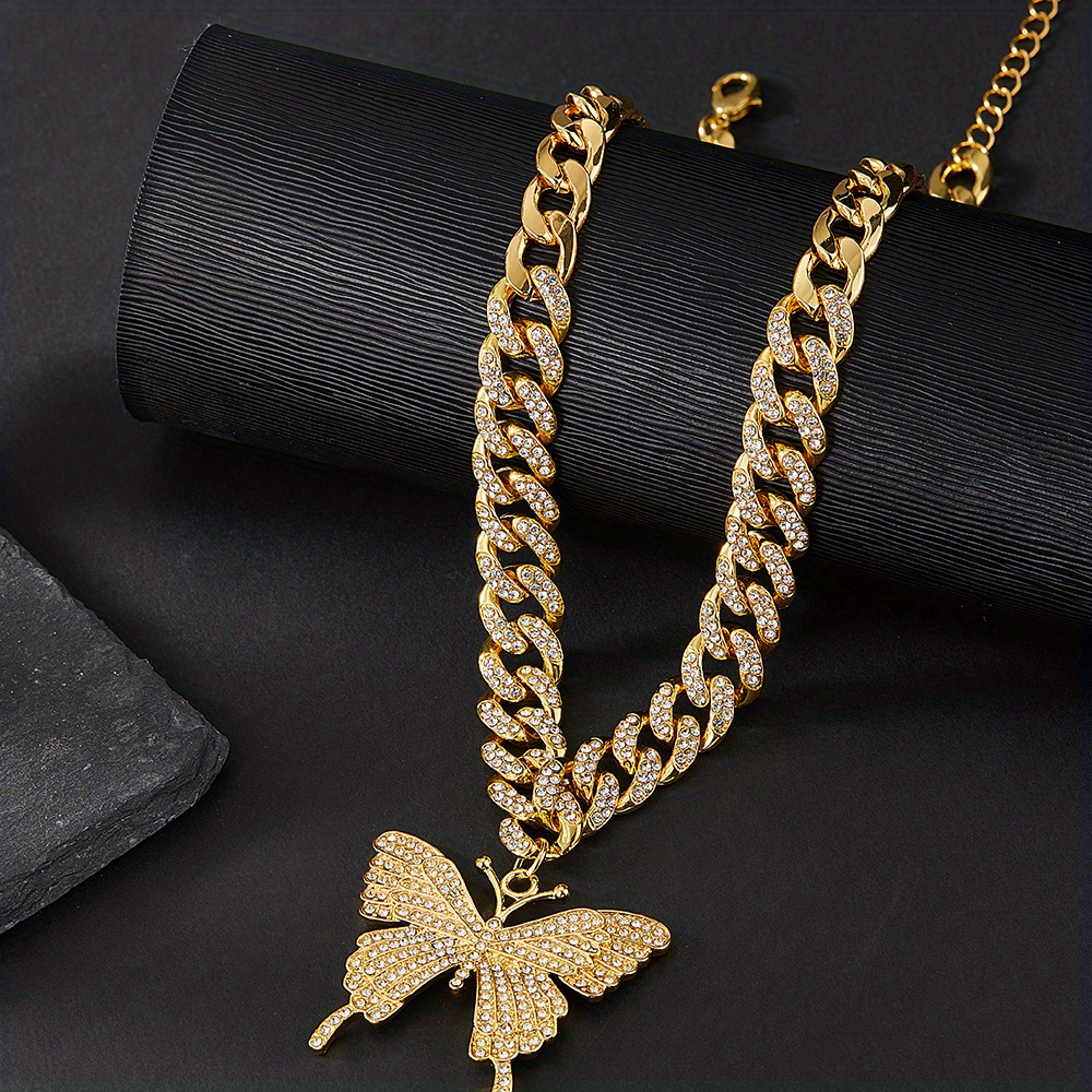 1pc Butterfly Choker Necklace Sparkly Rhinestone Pendant Necklace Bling  Golden Chain Butterfly Jewelry For Women And Girl