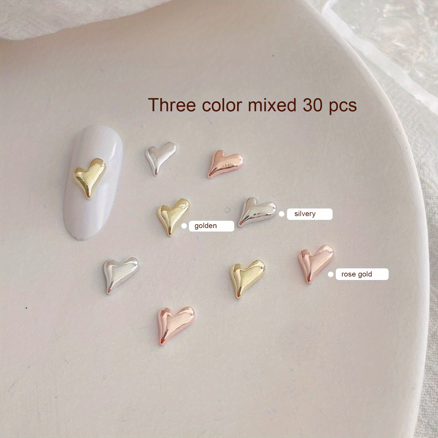 30pcs Silvery Metallic Heart-shaped Nail Art Charms, 3d Shiny Heart Three-dimensional Diy Nail Decorations