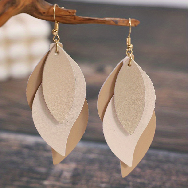 3-layer Leaf Design Retro Dangle Earrings Pu Leather Exquisite Gift For Women Daily Casual