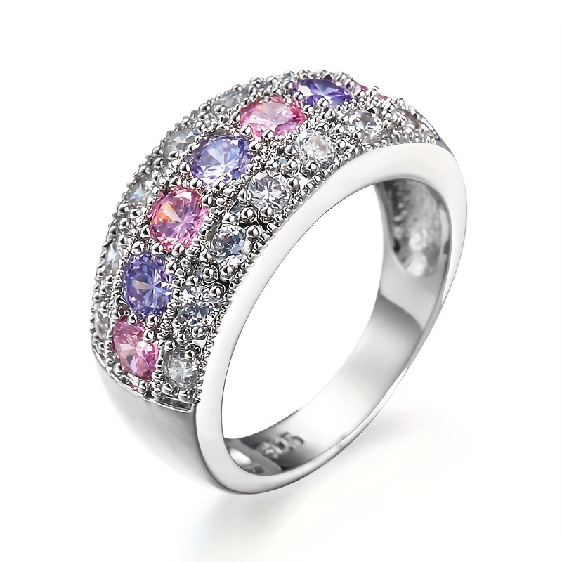 Classic Unisex Ring With Pink And Blue Synthetic Gems | Plated White K, Ideal For Valentine's Day, Daily Wear, And Gift- Occasions