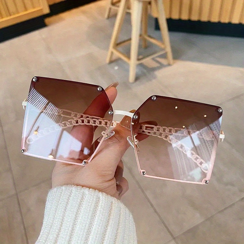 Rimless Oversized One-Piece Sunglasses Square Women Designer Shades, Tea