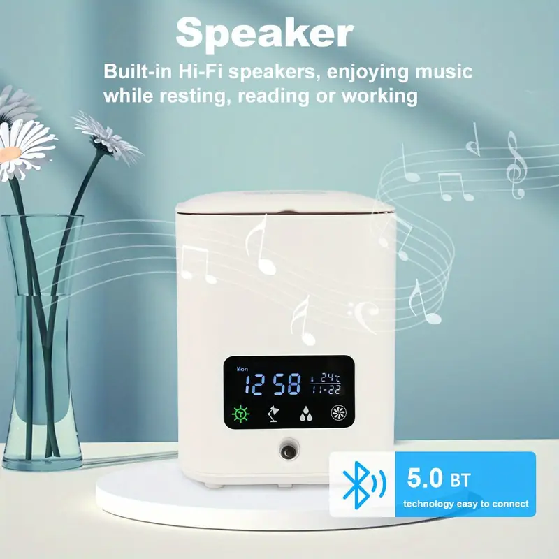 1pc 7 in 1 air purifier aroma humidifier with bt speaker smart flower pot table lamp alarm clock thermometer and clock multifunctional humidifier household ornament details 3