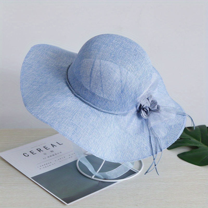 Wide Brim Beach Hat Lace Flower Rope Knot Sun Hat Solid Sunscreen Bucket Hat