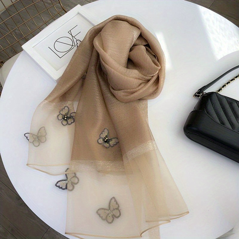 Plaid Pattern Scarf Butterfly & Faux Pearl Decor Shawl Wrap Head Wrap