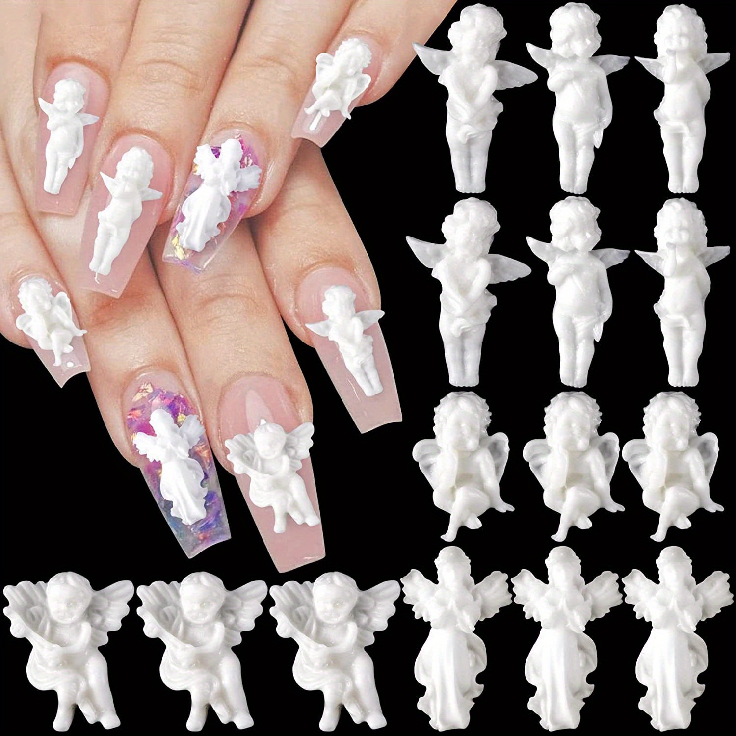 Image of 6 Types Of 24 Mixed Packaging 3d Relief Nail Accessories Retro Baroque Accessories Cute Cupid Design White Diy Nail Jewelry Decoration Women Nail Supplies