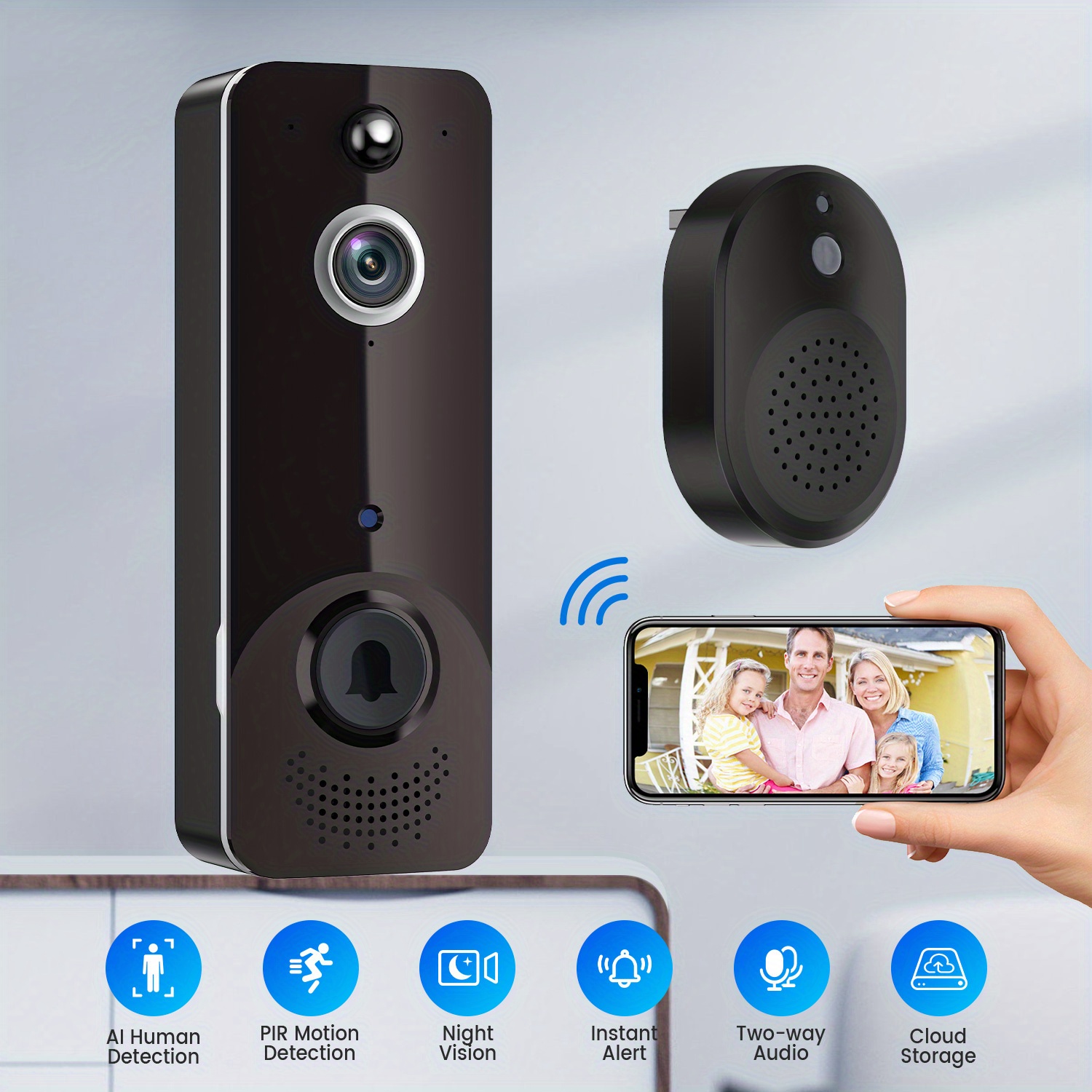 Hiseeu 【Cloud Storage】 1080P HD Video Doorbell Wireless WiFi Camera  Doorbell with 2-Way Audio,Smart Security Camera Door Bell with Chime,Smart  PIR